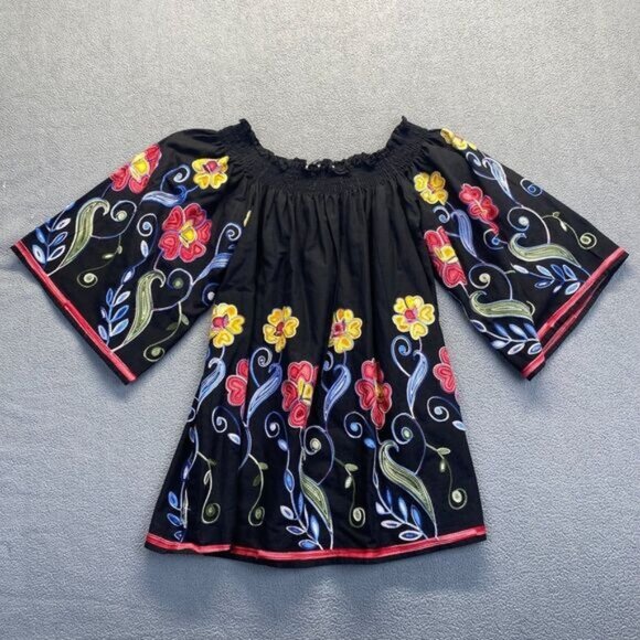 FERATILLI Black Floral Embroidered Off Shoulder Peasant Tunic Cotton Blouse Sz S - Picture 1 of 11
